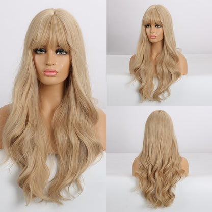 GEMMA Synthetic Long Wavy Dark Brown Golden Highlight Wig for Black Women African American Cosplay Wig with Bangs Heat Resistant