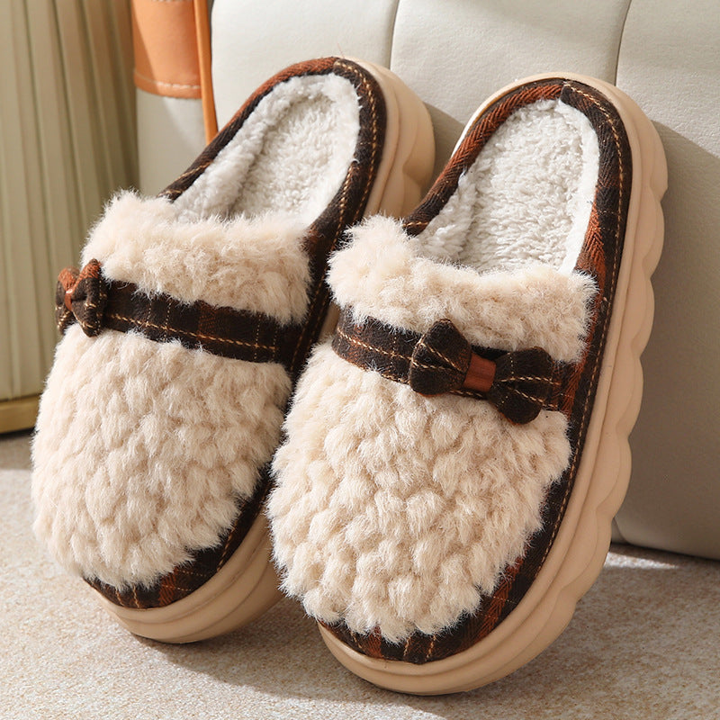 Winter Plush Slippers With Bow Button Design Indoor Non-slip Thick-soled Fur Home Slipper Fluffy Slides Household Warm Hose Shoes For Women