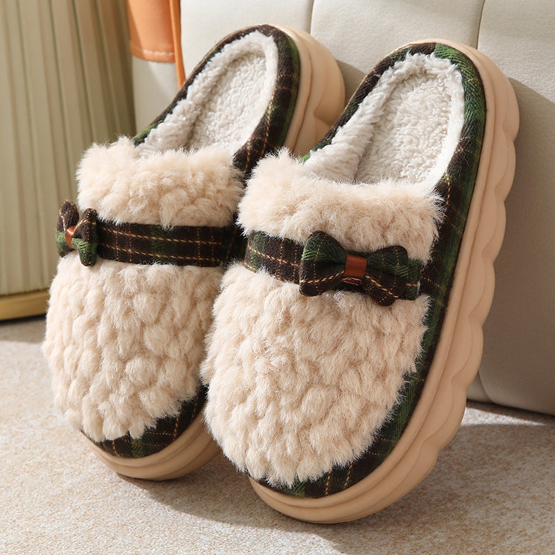 Winter Plush Slippers With Bow Button Design Indoor Non-slip Thick-soled Fur Home Slipper Fluffy Slides Household Warm Hose Shoes For Women