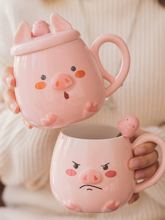 Super Cute Piggy Mug Cute Girl Student Pink Ceramic Cup with Cover Spoon Household Water Cup Breakfast Coffee Cup