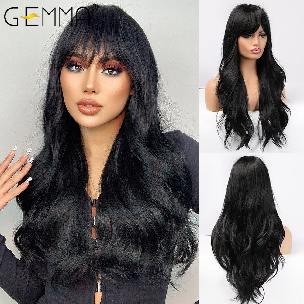 GEMMA Synthetic Long Wavy Dark Brown Golden Highlight Wig for Black Women African American Cosplay Wig with Bangs Heat Resistant