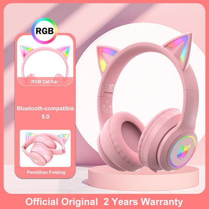 ONIKUMA K9 Pink Cat Ear Headphones with RGB LED Light Flexible Mic Gaming Headset 7.1 Surround Computer Earphones for PC Gamer