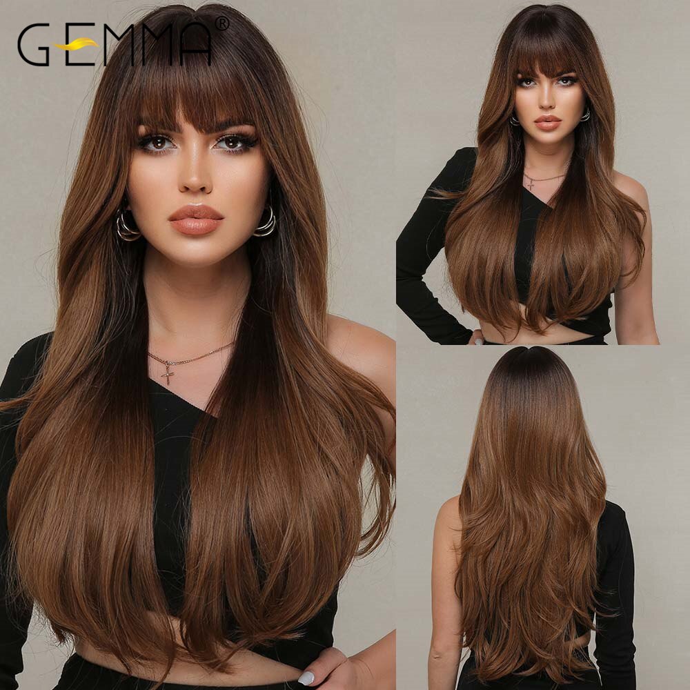 GEMMA Synthetic Long Wavy Dark Brown Golden Highlight Wig for Black Women African American Cosplay Wig with Bangs Heat Resistant