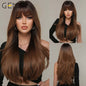 GEMMA Synthetic Long Wavy Dark Brown Golden Highlight Wig for Black Women African American Cosplay Wig with Bangs Heat Resistant