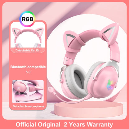 ONIKUMA K9 Pink Cat Ear Headphones with RGB LED Light Flexible Mic Gaming Headset 7.1 Surround Computer Earphones for PC Gamer