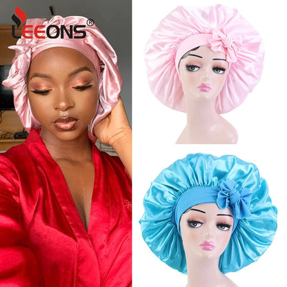 Custom Logo Women&#39;S Satin Bonnet With Wide Stretch Ties Band Long Tail Bonnet Satin Cheveux Nuit Silk Sleeping Night Cap Bonnets