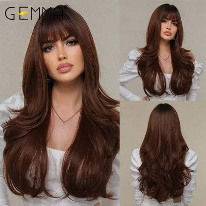 GEMMA Synthetic Long Wavy Dark Brown Golden Highlight Wig for Black Women African American Cosplay Wig with Bangs Heat Resistant