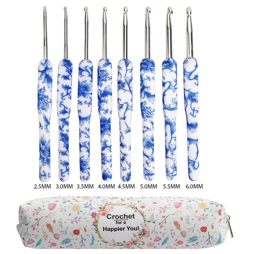 Blue Color Crochet Hooks Kit Aluminum Crochet Needles With Bag Ergonomic Knitting Croche Set  White  Bags with Flower 2.5-6.0MM