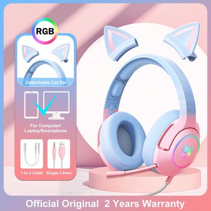 ONIKUMA K9 Pink Cat Ear Headphones with RGB LED Light Flexible Mic Gaming Headset 7.1 Surround Computer Earphones for PC Gamer