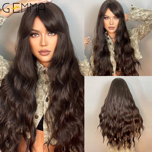 GEMMA Synthetic Long Wavy Dark Brown Golden Highlight Wig for Black Women African American Cosplay Wig with Bangs Heat Resistant