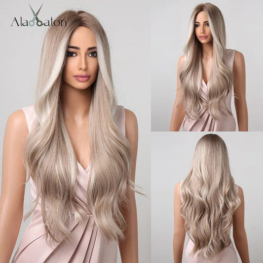 ALAN EATON Platinum Blonde with White Highlight Dark Roots Synthetic Hair Wigs for Women Long Wavy Cosplay Wig Heat Resistant