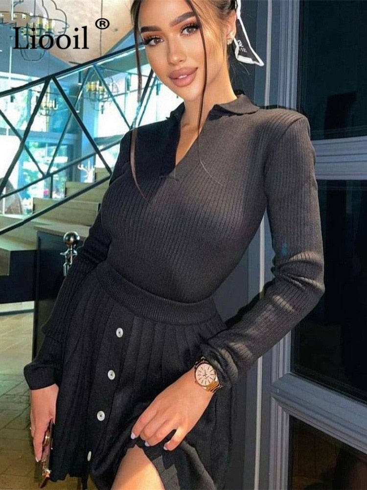 Two Piece Sweater Outfits Set Women Knitted Tops And Pleated Mini Skirts Long Sleeve V Neck Button Up Streetwear Sexy Skirt Sets