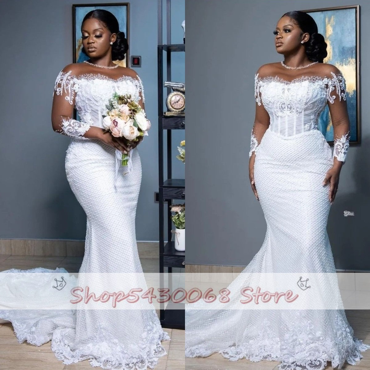 African White Mermaid Wedding Dresses Women Elegant Sheer Long Sleeved Bridal Gowns Lace Country Dress Second Reception Gown