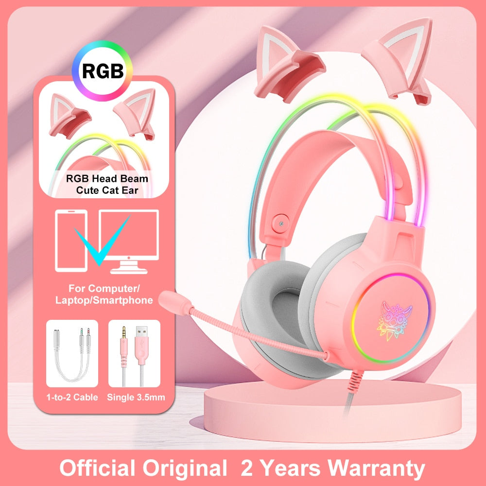 ONIKUMA K9 Pink Cat Ear Headphones with RGB LED Light Flexible Mic Gaming Headset 7.1 Surround Computer Earphones for PC Gamer