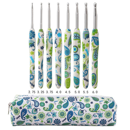 Blue Color Crochet Hooks Kit Aluminum Crochet Needles With Bag Ergonomic Knitting Croche Set  White  Bags with Flower 2.5-6.0MM