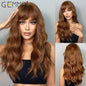 GEMMA Synthetic Long Wavy Dark Brown Golden Highlight Wig for Black Women African American Cosplay Wig with Bangs Heat Resistant