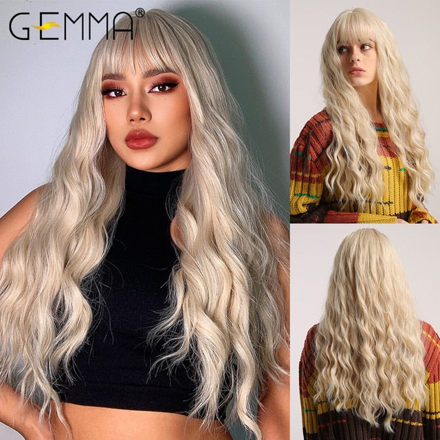 GEMMA Synthetic Long Wavy Dark Brown Golden Highlight Wig for Black Women African American Cosplay Wig with Bangs Heat Resistant