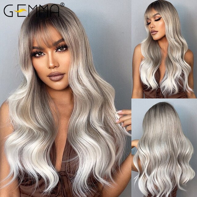 GEMMA Synthetic Long Wavy Dark Brown Golden Highlight Wig for Black Women African American Cosplay Wig with Bangs Heat Resistant