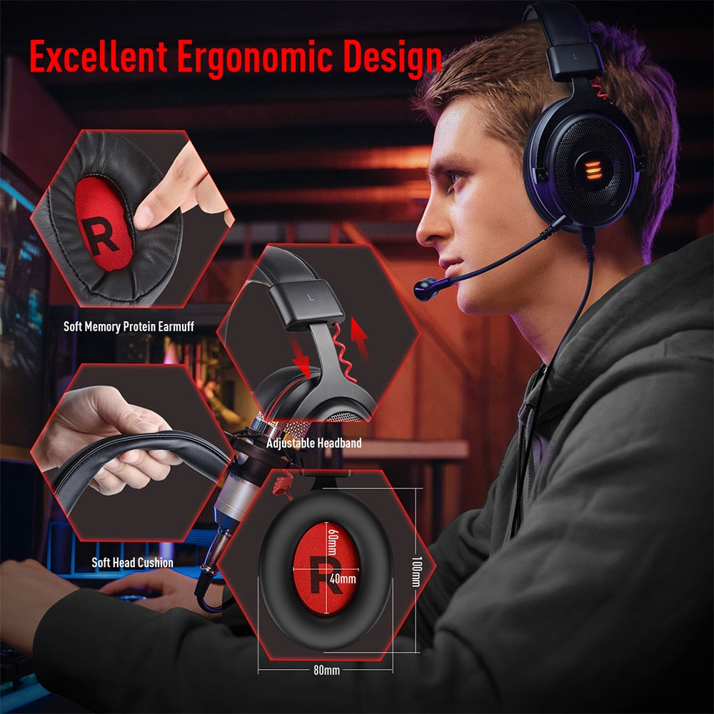 EKSA Gaming Headset Gamer 7.1 Surround & 3D stereo USB/Type C/3.5mm Wired Gaming Headphones with Microphone For PC/PS4/PS5/Xbox