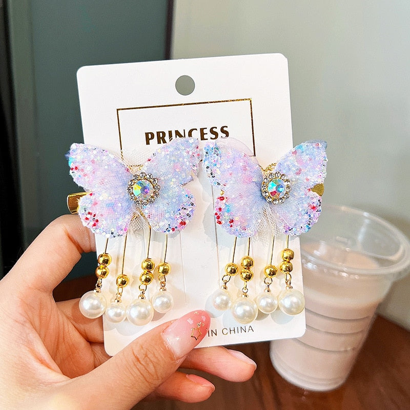 2Pcs/Set  New Korean Yarn Elegant Butterfly Hairpin Flowers Metal Tassel Long Hairgrips Party Hair Accessories Combo Hair Clip