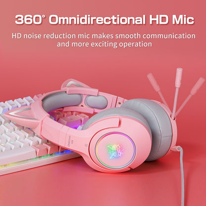 ONIKUMA K9 Pink Cat Ear Headphones with RGB LED Light Flexible Mic Gaming Headset 7.1 Surround Computer Earphones for PC Gamer