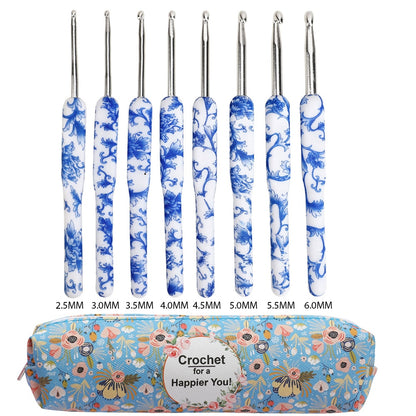 Blue Color Crochet Hooks Kit Aluminum Crochet Needles With Bag Ergonomic Knitting Croche Set  White  Bags with Flower 2.5-6.0MM