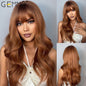 GEMMA Synthetic Long Wavy Dark Brown Golden Highlight Wig for Black Women African American Cosplay Wig with Bangs Heat Resistant