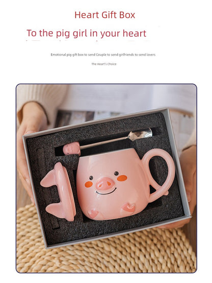 Super Cute Piggy Mug Cute Girl Student Pink Ceramic Cup with Cover Spoon Household Water Cup Breakfast Coffee Cup