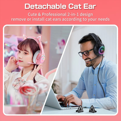 ONIKUMA K9 Pink Cat Ear Headphones with RGB LED Light Flexible Mic Gaming Headset 7.1 Surround Computer Earphones for PC Gamer