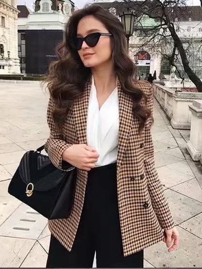 Fashion Autumn Women Plaid Blazers and Jackets Work Office Lady Suit Slim Double Breasted Business Female Blazer Coat Talever