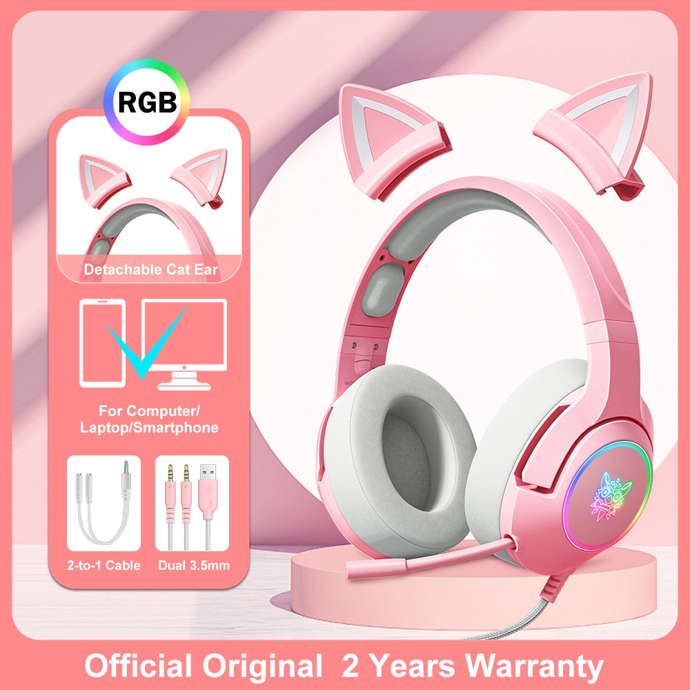 ONIKUMA K9 Pink Cat Ear Headphones with RGB LED Light Flexible Mic Gaming Headset 7.1 Surround Computer Earphones for PC Gamer