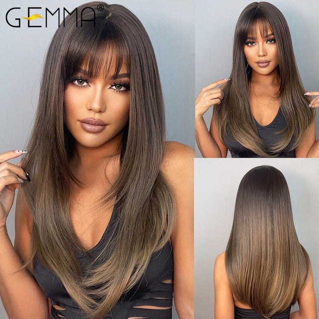 GEMMA Synthetic Long Wavy Dark Brown Golden Highlight Wig for Black Women African American Cosplay Wig with Bangs Heat Resistant