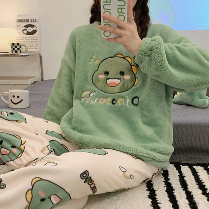 Autumn Winter New Warm Flannel Women's Pajamas Set Long-sleeved Trousers Two-piece Set Cute Soft Home Wear Clothes for Women