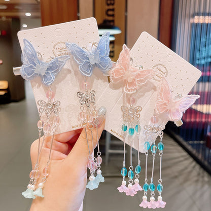 2Pcs/Set  New Korean Yarn Elegant Butterfly Hairpin Flowers Metal Tassel Long Hairgrips Party Hair Accessories Combo Hair Clip