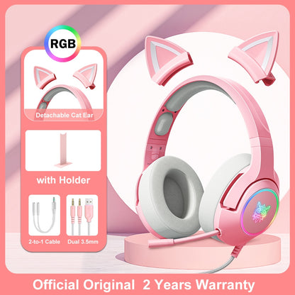 ONIKUMA K9 Pink Cat Ear Headphones with RGB LED Light Flexible Mic Gaming Headset 7.1 Surround Computer Earphones for PC Gamer