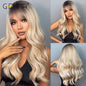 GEMMA Synthetic Long Wavy Dark Brown Golden Highlight Wig for Black Women African American Cosplay Wig with Bangs Heat Resistant