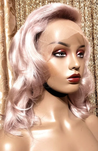 GLACEDSTYLE 12" 100% Human Hair Pinkish-Silver Glueless Wig for Everyday Wear Lace Front Voluminous Wig