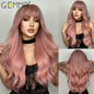 GEMMA Synthetic Long Wavy Dark Brown Golden Highlight Wig for Black Women African American Cosplay Wig with Bangs Heat Resistant