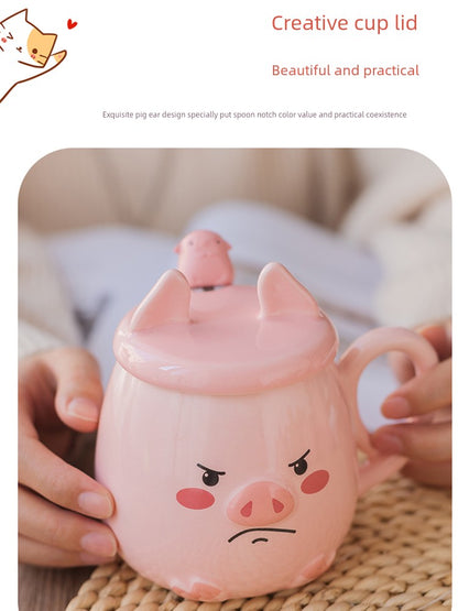 Super Cute Piggy Mug Cute Girl Student Pink Ceramic Cup with Cover Spoon Household Water Cup Breakfast Coffee Cup