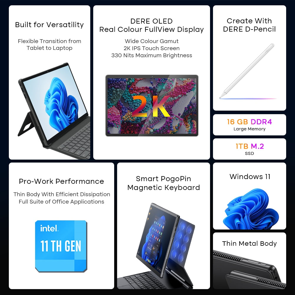 DERE Laptops T30 Pro ,13-inch 2K IPS Touch Screen,16GB RAM+ 1TB SSD,Office Learning Computer,Ultrabook Windows 11 Notebook