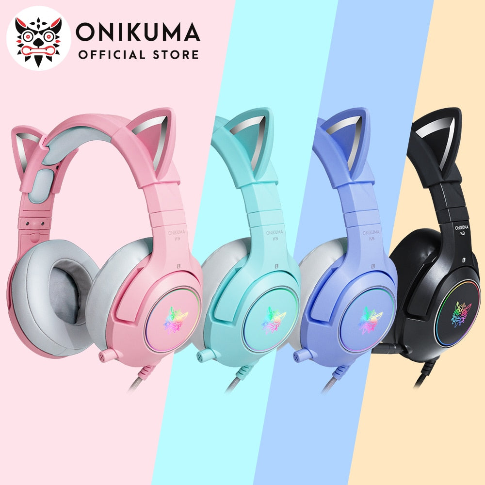 ONIKUMA K9 Pink Cat Ear Headphones with RGB LED Light Flexible Mic Gaming Headset 7.1 Surround Computer Earphones for PC Gamer