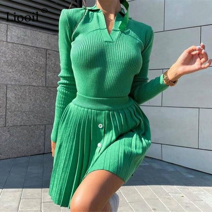 Two Piece Sweater Outfits Set Women Knitted Tops And Pleated Mini Skirts Long Sleeve V Neck Button Up Streetwear Sexy Skirt Sets