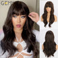 GEMMA Synthetic Long Wavy Dark Brown Golden Highlight Wig for Black Women African American Cosplay Wig with Bangs Heat Resistant