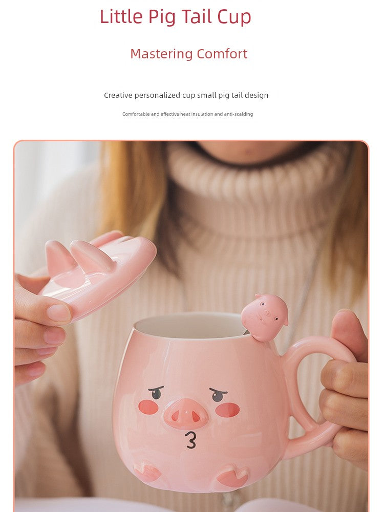 Super Cute Piggy Mug Cute Girl Student Pink Ceramic Cup with Cover Spoon Household Water Cup Breakfast Coffee Cup