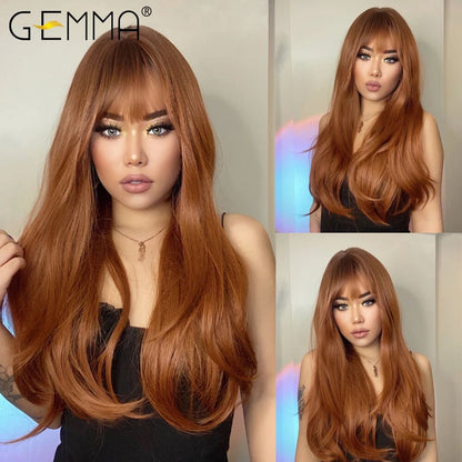 GEMMA Synthetic Long Wavy Dark Brown Golden Highlight Wig for Black Women African American Cosplay Wig with Bangs Heat Resistant