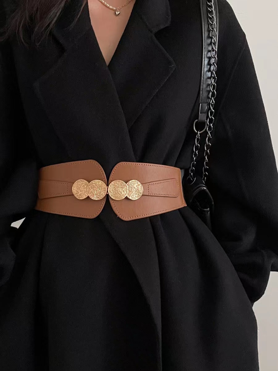 New Women's Belt Elastic Elastic Wide Waist Seal Senior Sense Carved Metal Buckle Everything Coat Shirt Cover Skirt