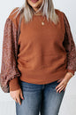 Brown Casual Floral Print Splicing Sleeve Ribbed Plus Size Sweater