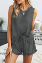 Dark Gray Crew Neck Tank and Drawstring Ruffled Shorts Lounge Set