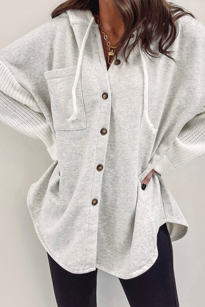 Gray Button Up Contrast Knitted Sleeves Hooded Jacket