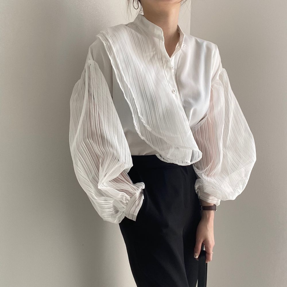 Women's Chic See-through Mesh Stand Collar Chiffon Shirt